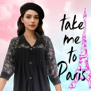 ATELIER 29 Iconic Parisian Imagery White Print Elbow Sleeve Black Blouse Sz L